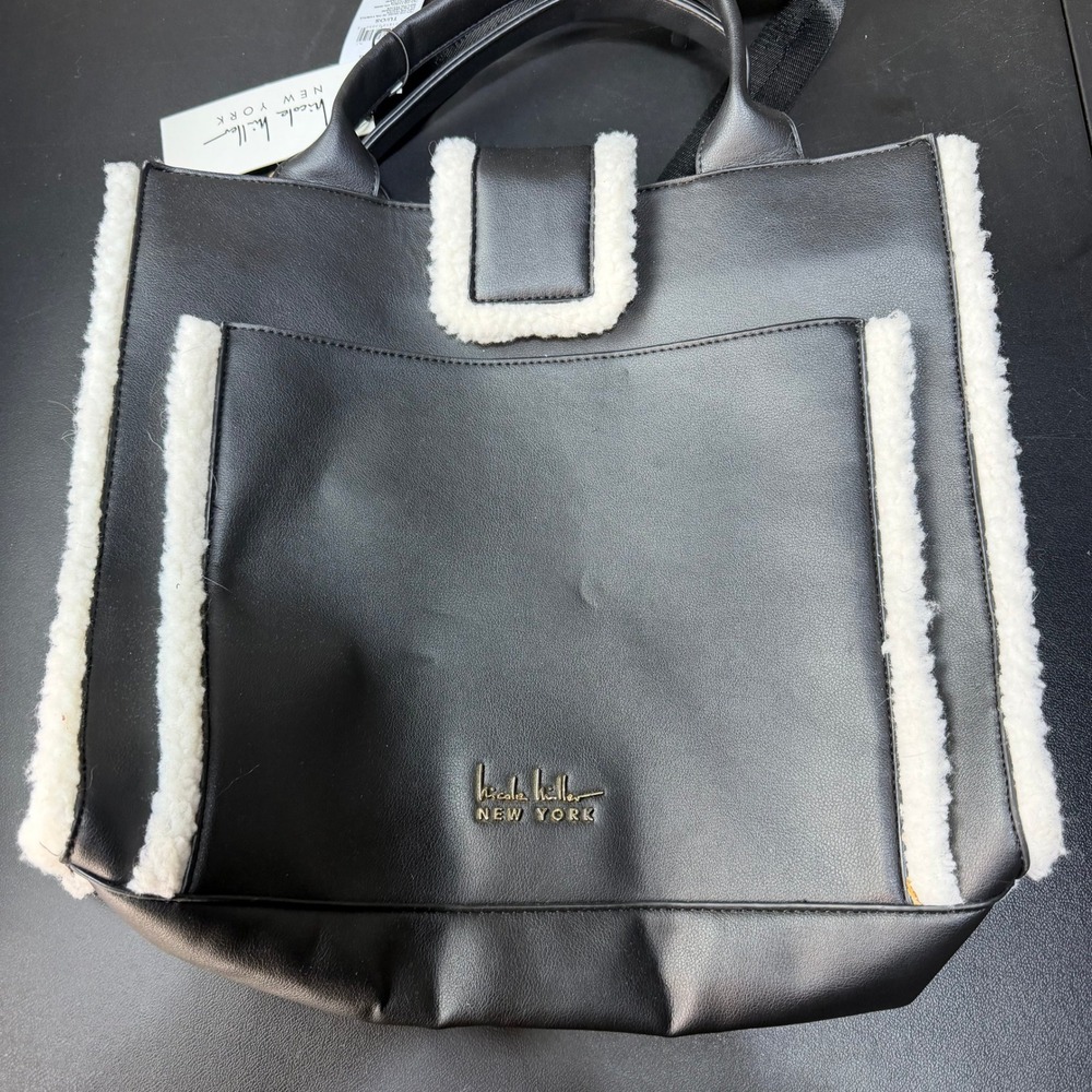 Nicole Miller New York Black Faux Leather Shearling Trim Tote Bag Coin Purse NEW